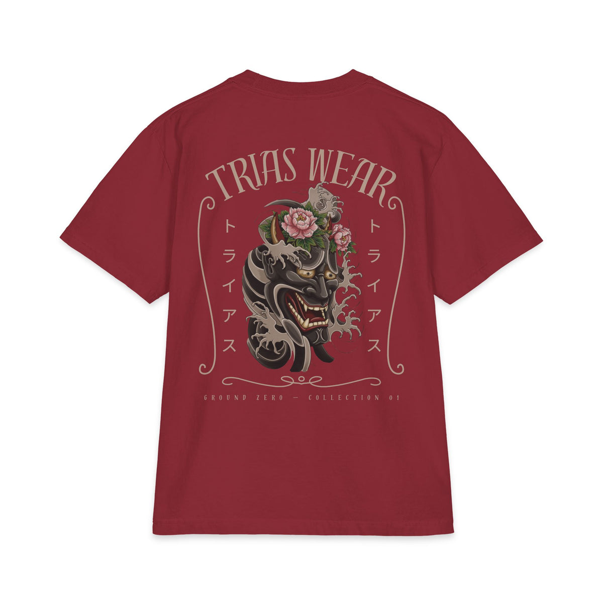 Floral Hannya Mask Tee – Burgundy – Back view