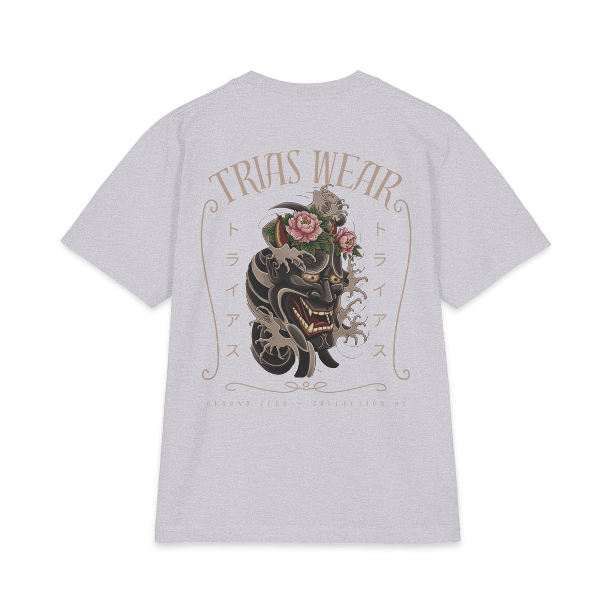 Floral Hannya Mask Tee – Heather Grey – Back view