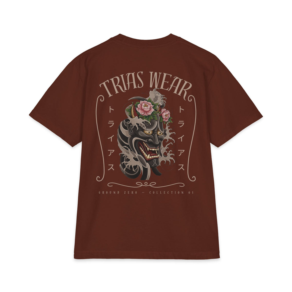 Floral Hannya Mask Tee – Brown – Back view