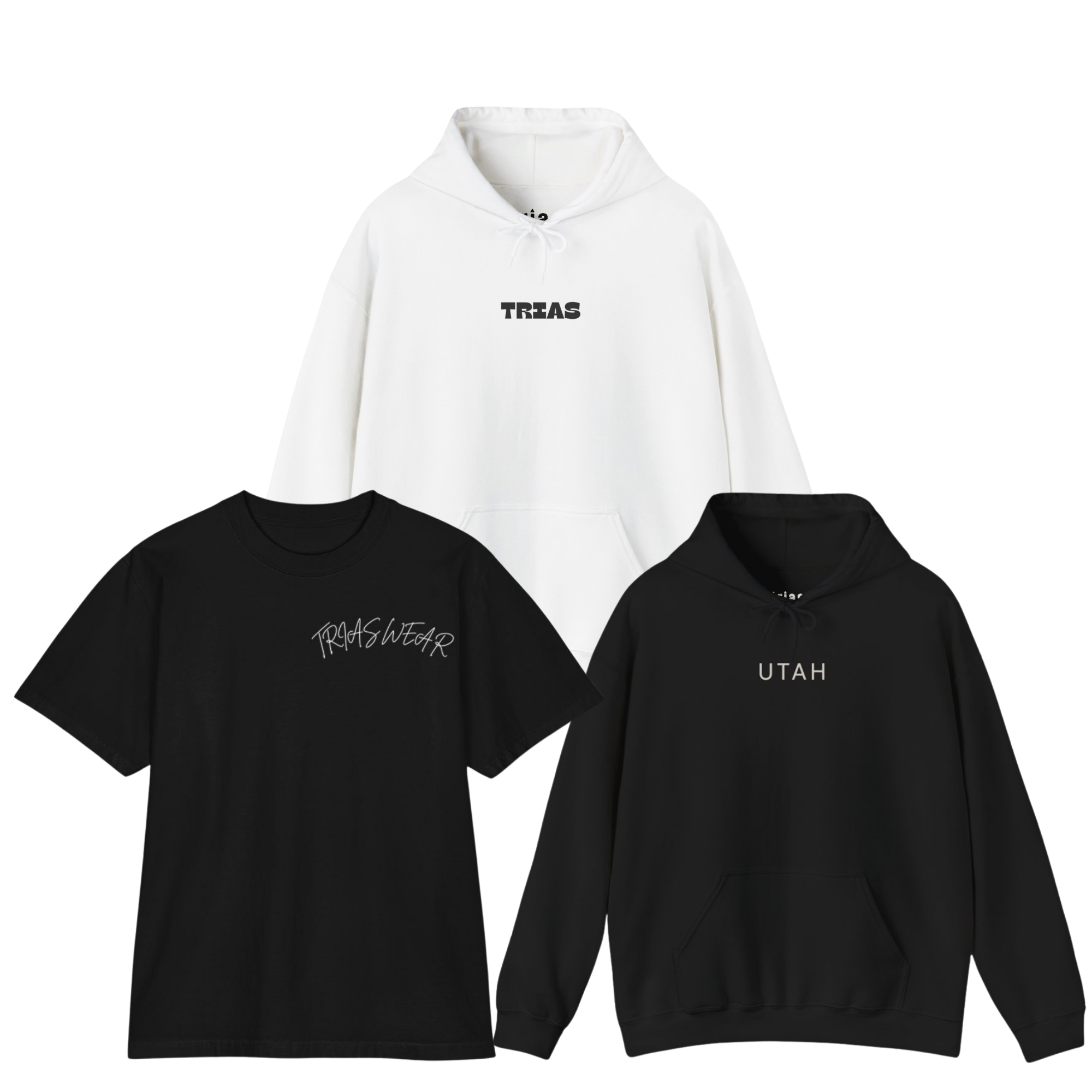 TriasWear white logo hoodie, black graphic T-shirt, and black Utah hoodie